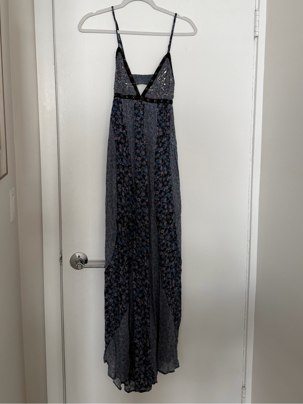 Free People Navy Floral Slip Maxi Dress with Lace Detail